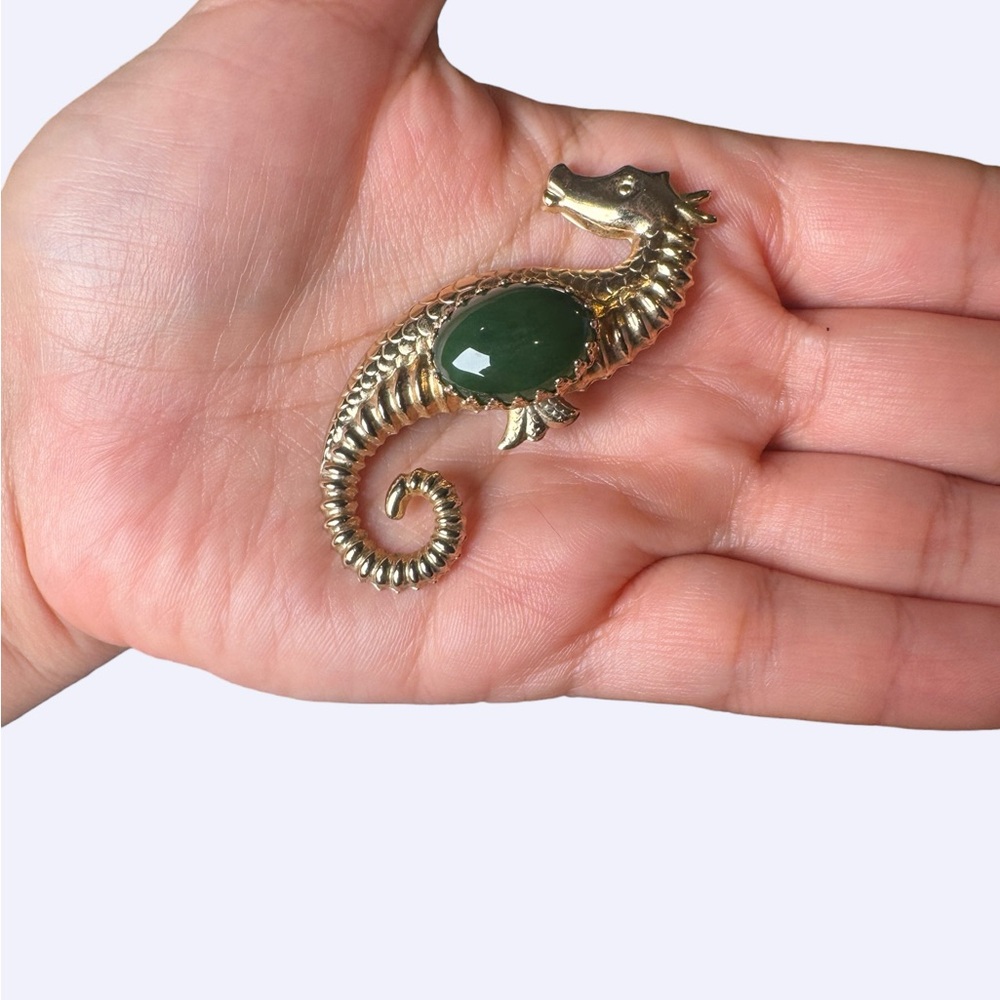 Vintage Gold Tone Seahorse Brooch Green Cabochon Statement Nautical Pin